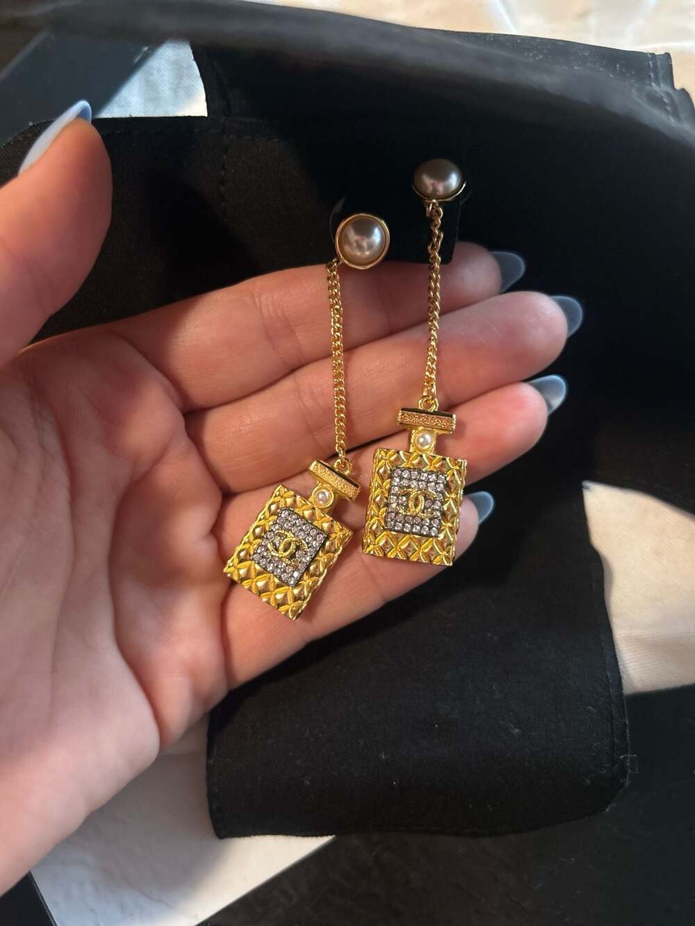 Chanel Gold Crystal Pearl CC Perfume Bottle Chain Drop Earrings